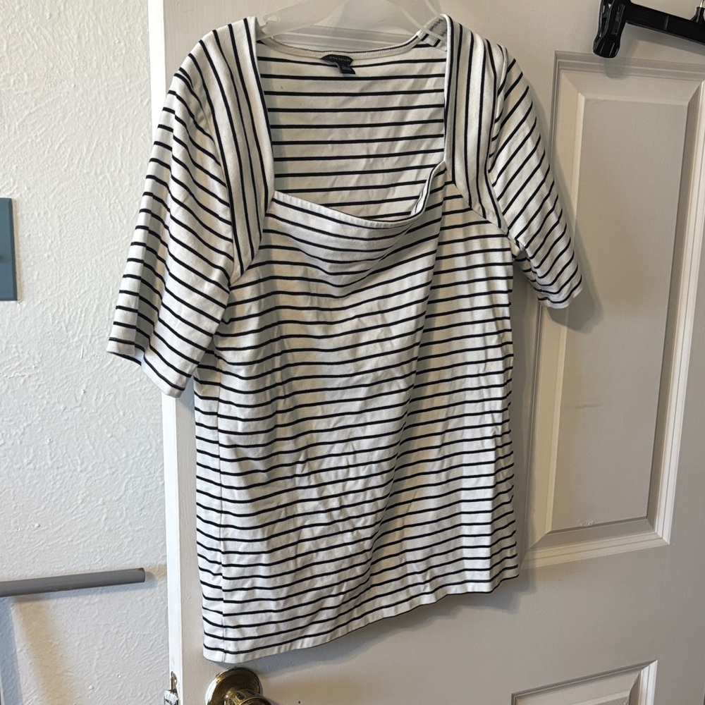 Ann Taylor White and Black Striped Square-Neck Blouse